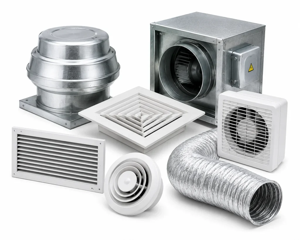 Ventilation fans, ducting and air diffusers