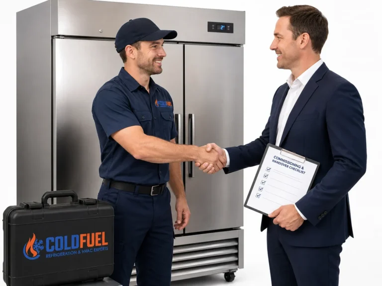 Technician shaking hands with a client beside a new commercial refrigerator