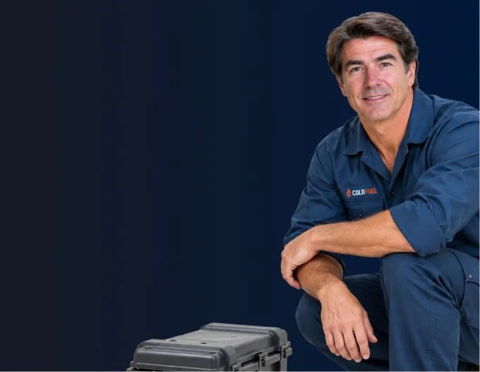 Cold Fuel technician kneeling beside a tool case