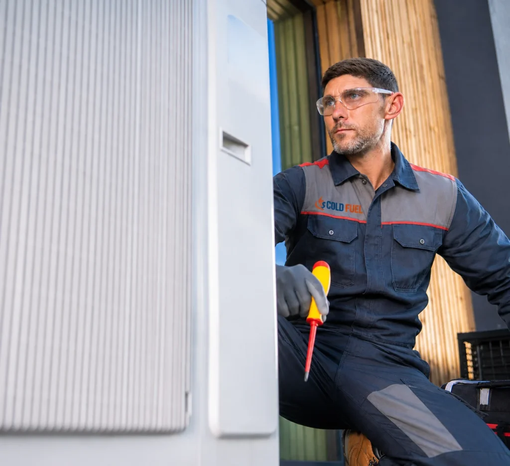 Technician wearing safety glasses servicing equipment