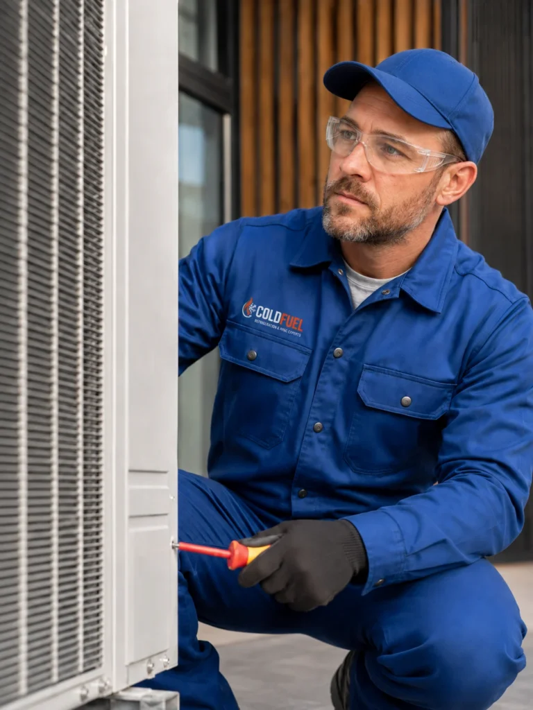 Technician servicing an outdoor condensing unit